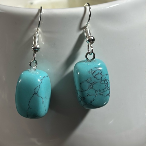 Genuine Turquoise Stone Earrings with Sterling Silver Dangle Posts Green - Picture 5 of 5